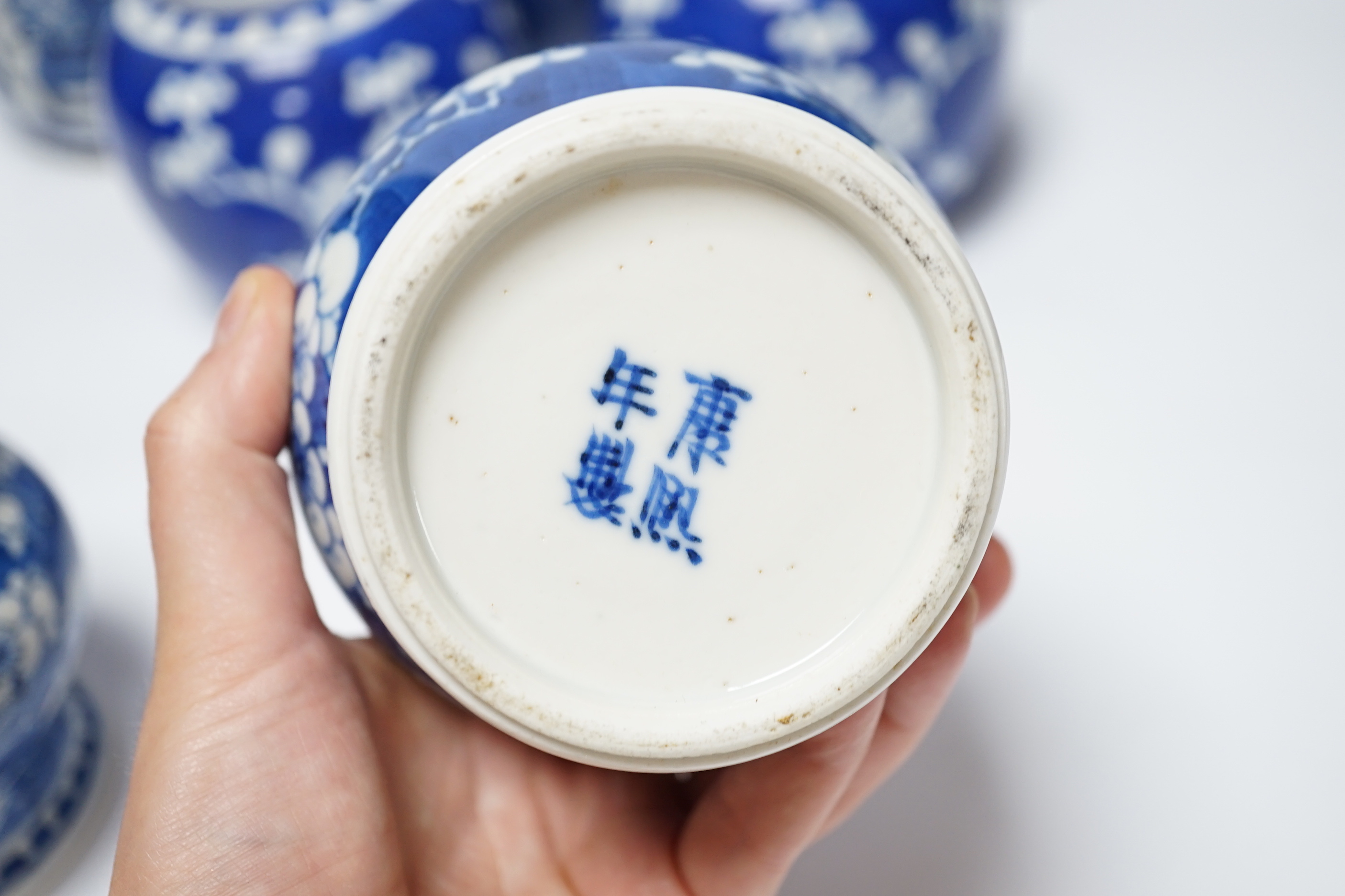 Seven Chinese blue and white Prunus decorated jars and covers, 19th/20th century, tallest 17cm high